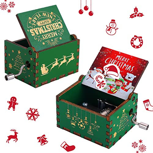 cobee Frohe Weihnachten Handkurbel Spieluhren, Holz Weihnachtsspieluhr Mini Vintage Gravierte Spieluhren Frohe Weihnachten Dekorationen Geschenke für Neujahr Weihnachten Jungen Mädchen Männer Frauen