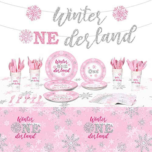 Tiamon 172 Pcs Winter Onederland Party Supply, Girls 1st Birthday Banner Pink and Silver Snowflake Tablecloth Winter Snowflake Plate Napkin Cup Tableware Set for Girl First Birthday Party Supply Decor