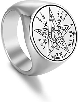 Amaxer Tetragrammaton Pentagramm Siegelring für Männer Talisman für Liebe Siegel von Salomon Pentagramm Magisches gesegnetes Amulett Edelstahl Statement Band Ring (Silber, 8)