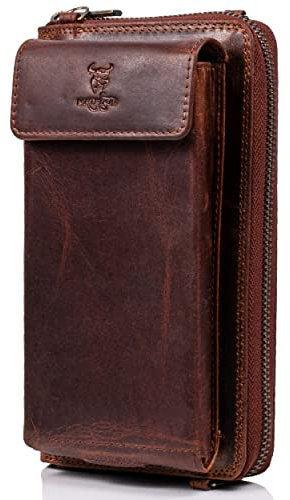 MATADOR Sac à bandoulière 2 en 1 en cuir véritable avec poche pour téléphone portable - Taille moyenne avec bandoulière amovible - Sac de plage pour femme - En cuir avec bloqueur de protection RFID