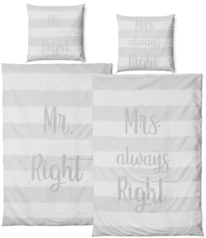 JACK 4 TLG Satin Bettwäsche Partnerbettwäsche 135x200cm Mr. Right + Mrs. Always Right