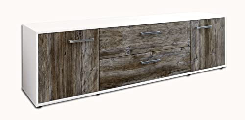 TV-Board Lowboard Aquilina, Korpus in Weiss matt, Front im Holz-Design Treibholz (180x49x35cm), mit Metall Griffen, Made in Germany