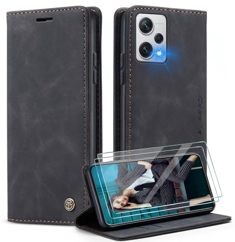 Caseme Cover per Xiaomi Redmi Note 12 Pro 5G con [2 Pezzi Vetro Temperato],Flip Custodia Pelle PU Libro Portafoglio con [Slot Cart] [Supporto Stand] [Magnetica],Nero