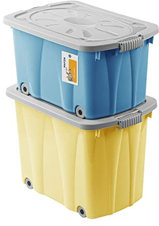 PAFEN Piraten Spielzeugkisten SET – 2x Schatzkiste 49l + 62l mit Rollen - Spielzeugbehälter Aufbewahrungsbox für Kinder Ordnungsbox, Gelb/Blau