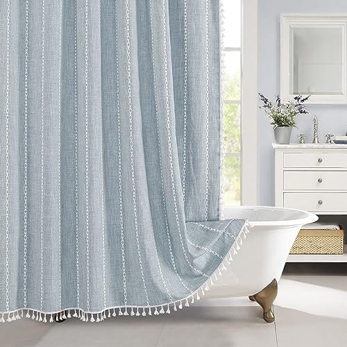 MitoVilla Rideau de douche en tissu épais, coton et lin, à pompons, style rustique, moderne et bohème - Pour décoration de salle de bain - Bleu, 183 x 183 cm