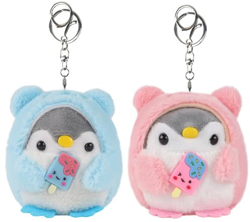 Anboor 2Pack Peluches pequeños de pingüino con Llavero Premio Regalos para Invitados Rellenos de Helado Pingüinos de Peluche Juguetes de Animales Regalos de Fiesta Navidad (Azul, Rosa)