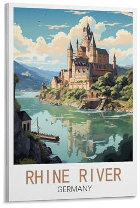 Rhein Fluss Deutschland Vintage Reiseposter Landschaft 20 x 30 cm Leinwand Wandkunst Druck Gemälde für Wanddekoration Wohnzimmer Schlafzimmer