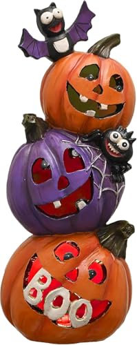Valery Madelyn Halloween Deko, 25cm Neuheit Harz Kürbis Figur mit LED Licht, Halloween Party Statuen Tisch Ornamente Deko