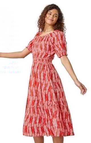 Roman Leaf Print Stretch Neck Midi Dress for Women UK - Ladies Spring Everyday Summer Break Puff Sleeve Soft Shirred Waist Comfy Frill Hem Frock Vacation Gowns - Red - Size 18