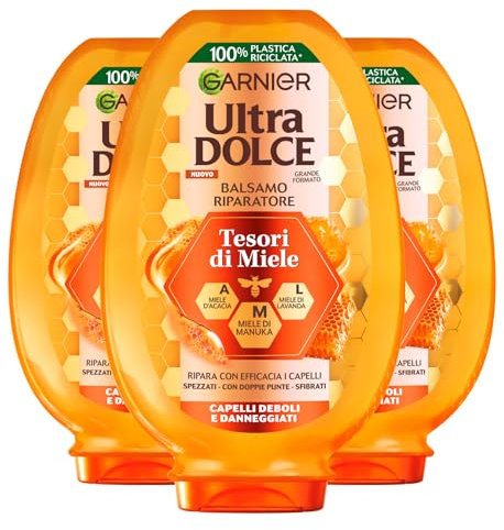 Garnier Ultra süße Pflegespülung für gebrochenes und schwaches, beschädigtes Haar mit doppelten Spitzen Honig mit Manuka-Honig Akazien-Lavendel – 3 Flaschen à 360 ml