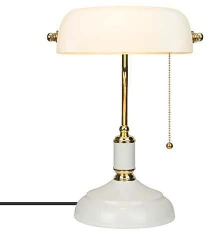 JCPYIUL Lámpara Banker Blanco Oro Lámpara de Escritorio, Lámpara de Mesa con Pantalla Giratoria de Cristal, Interruptor de Cadena, para Oficina Biblioteca Sala de Estudio Dormitorio