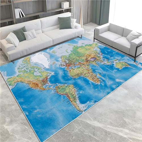 Super Weich Blau Kurzflor Teppich 160 x 230 cm, Flauschiger Weltkarte Rutschfester Teppich für Wohnzimmer Schlafzimmer Kinderzimmer Esszimmer - Waschbar Langlebig Läufer