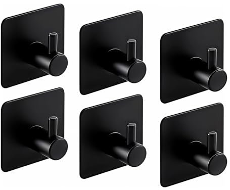 NOAXY® Ganchos Adhesivos para Pared, Acero Inoxidable Colgador Toallas sin Taladro, Toalleros Autoadhesivo Extrafuerte para Baño Cocina Albornoz Trapos, Negro, 6 Piezas