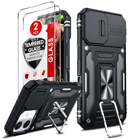 LeYi Kameraschutz Hülle für iPhone 16 Handyhülle [2 Glasfolie Schutzfolie] Militär Handy Hüllen mit Metall Ring Halter Schutzhülle Outdoor Kratzfest Cover für Apple i Phone 16 Case Schwarz