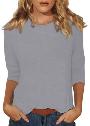 Polo Shirts for Women UK Women's Lightweight Solid Color Tops 3/4 Sleeve Casual Gym Fashion Daily Ladies Summer Round Neck T-Shirts 04-Gray XXL