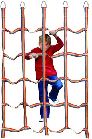 Climbing Cargo Net Outdoor Rainbow Webbing Toys for Kids Cargo Rope Obstacle, 57X72.8Inch High Strength Webbing with Triangle Rings, Playground Tree House Accessories