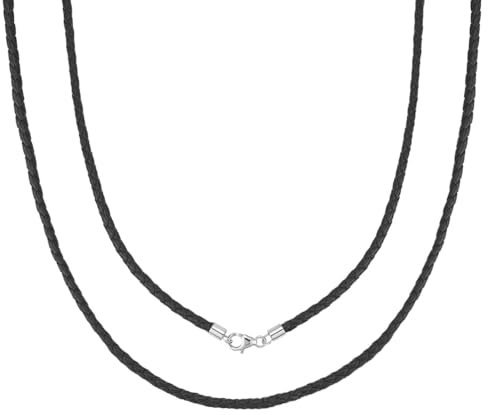 Beebeecraft 2 collier en Cuir Tressé Noir Véritable Cordon Rond en Cuir avec 925 fermoirs Mousquetons en Argent Sterling 3mm 45cm