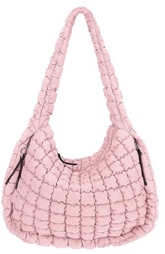 Juoxeepy Gesteppte Tragetasche, groß, Schultertasche, leichte Polsterung, Hobo-Tasche, Helles Pink, Large