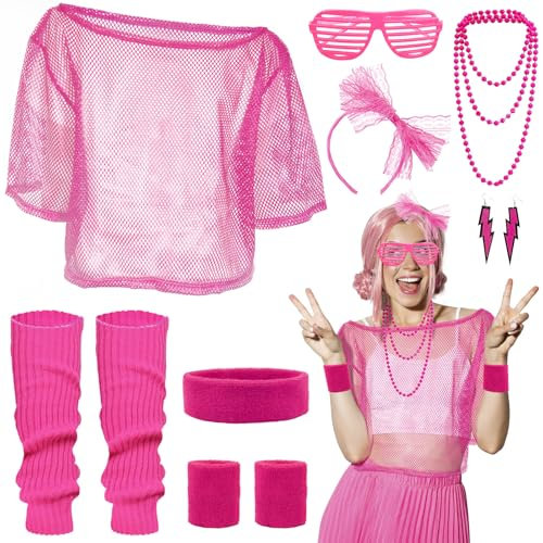 80er 90er Jahre Outfit Damen- Retro Trainingsanzug Kostüm Off Shoulder Neon Netzshirt Sexy Fasching Netzoberteil Party Kleidung Damen T-Shirt Brille Stirnband Ohrring Halskette für Karneval Mottoparty