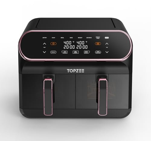 TOPZEE Friggitrice ad aria grande da 8 l, a doppio cestello con finestre Easy View, 2 cestini antiaderenti indipendenti da 4 l, lavabili in lavastoviglie, con bordo rosa