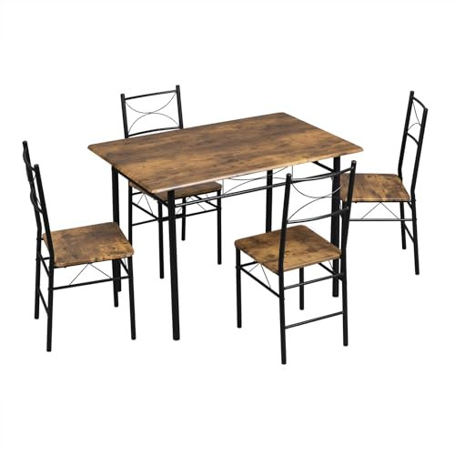 WOLTU Mesa y Sillas Comedor para 4 Personas, Mesa Cocina de Madera, Juego de Muebles de Comedor, Madera MDF y Metal, Marrón Rústico + Negro