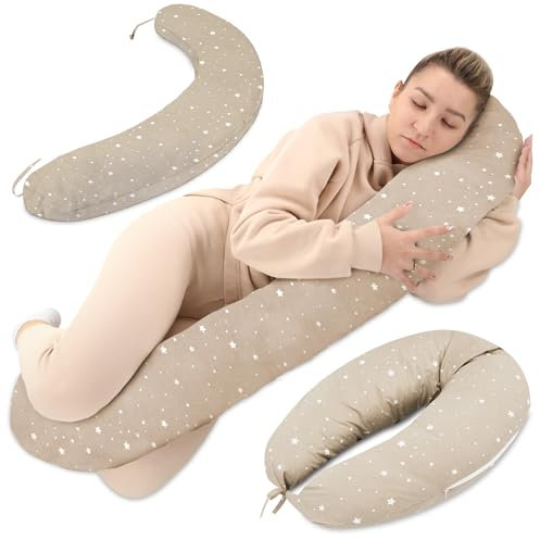 Stillkissen XXL Seitenschläferkissen Schwangerschaftskissen Lagerungskissen - Baumwolle Pregnancy Pillow Erwachsene - 190 cm Beige Mit Weiß Sternen
