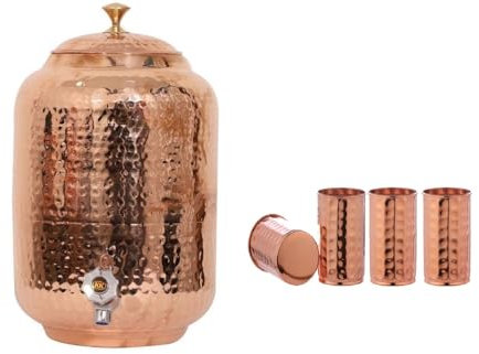 Hammered Copper Water Dispenser with Tap Matka Water Vessel Water Tanki Copper Pot 4 Liter Copper Pitcher with Tap with 4 Glasses/Tumbler