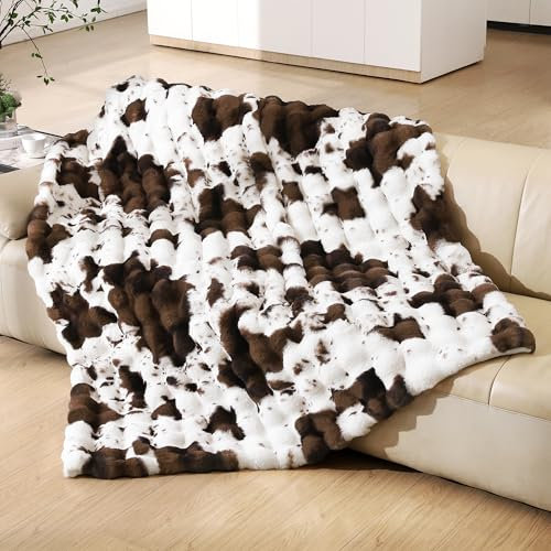 YBIKE Kunstpelz-Kuscheldecke mit Hase-Design Wurfdecke aus Blasenstoff 200x150cm, Luxuriöse Flauschige und Weiche Pelz-Sherpa Decke für Bett, Sofa, Couch (Braun Kuh)