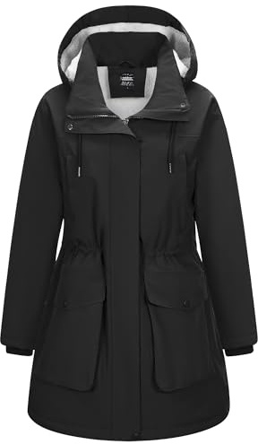 Outdoor Ventures Damen Wintermantel Wasserdichte Regenjacke mit Kapuze | Dicken Fleecefutter, Wasserdicht, 8 Taschen, 2-Wege-Reißverschluss, Warm, Abnehmbare Kappe, Windbreaker, Outdoorjacke