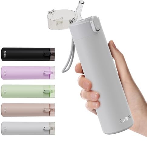 Exllena Small Water Bottle 270ml with Straw – Small Flask with One-Hand Open Design, Leak-Proof Locking Lid, 4-6 Hours Hot/Cold Retention and Portable for Coffee, Milk, or Any Beverage (Light Grey)