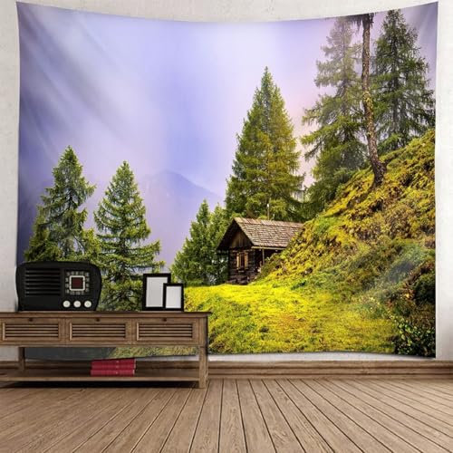 Wandteppich 150X150, Wandteppich Schlafzimmer Bergbäume und Landhaus Grün Braun Polyester Deko