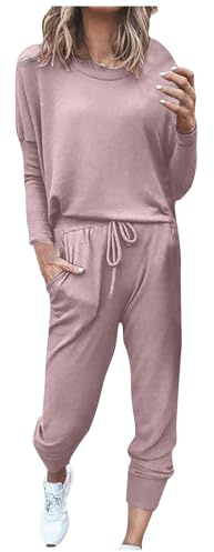 co ord sets for women Tracksuit Womens Full Set Lounge Wear Sets Sweatsuits Oversized Solid Color Long Sleeve Shirts High Waist Wide Leg Joggers Warm Cosy Soft Nightwear Holiday Dailywear b-Pink L