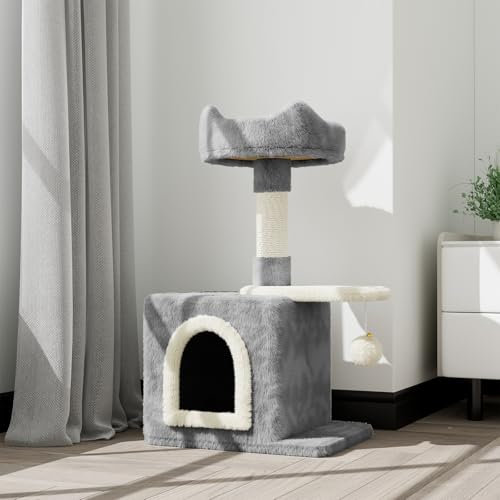 Dogat 70cm Cat Tree Tower with Scratching Posts, Plush Perch & Hanging Toy - Space Saving Cat Activity Centre for Kittens & Small Cats, Soft Fleece & Sisal (Light Gray)