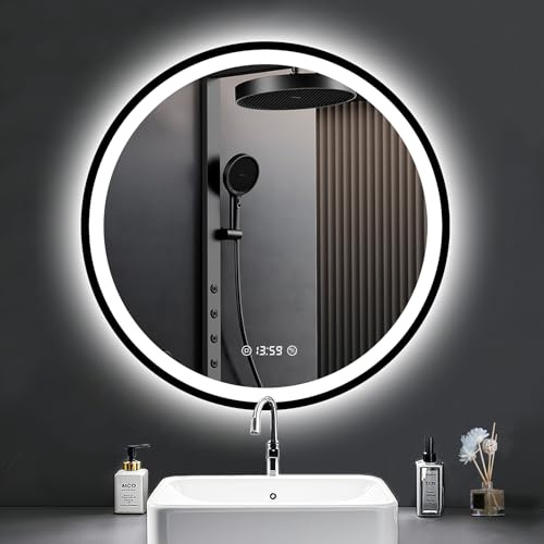 PESENXAN LED Spiegel mit Uhr - 70cm Runder Spiegel mit Beleuchtung Antibeschlag, Dimmbar, 3 Lichtfarben, Energiesparend mit Touch-Schalter & Speicherfunktion - Schwarz