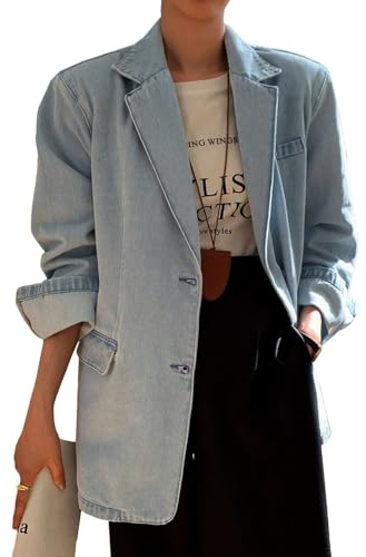 Mina Self Denim Jean Blazer Jacket for Women 2026 Light Blue Spring Long Lightweight Casual Oversized Fitted Boyfriend Trendy Stretch Fashion Women's Dressy Business Work Office Womens Blazers Jackets