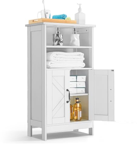 VEVOR Bathroom Floor Cabinet, 4-Tier, Wooden Storage Organizer with 2 Doors and Adjustable Shelf, Modern Bathroom Furniture Home Decor Freestanding Cupboard for Kitchen/Living Room/Entryway Use, White