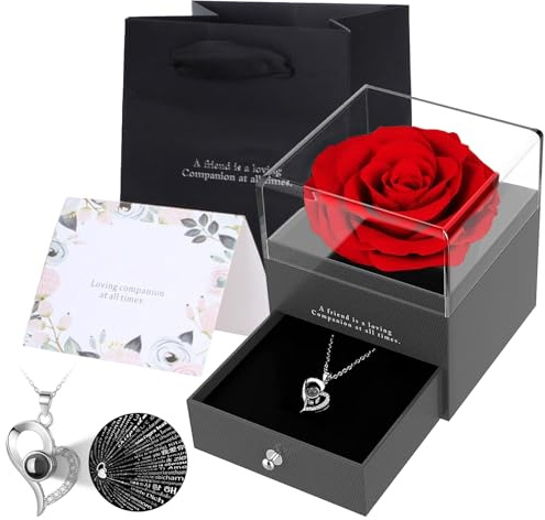 Zynxel Rosa Eterna, Regalos originales para mujer - Día de la Madre, San Valentín, Caja con Flores Estabilizadas, Collar Corazón de Perno, Regalo para Aniversario, Fiestas y Ocasiones Especiales