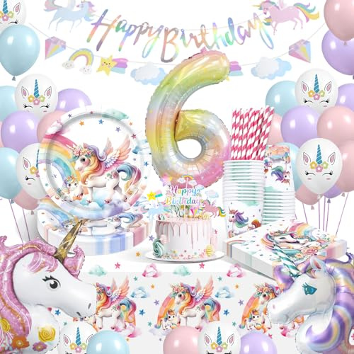 WINAROI Decoration Anniversaire 6 Ans,Decoration Licorne Anniversaire Fille,licorne Party Assiettes Gobelets Serviettes Ballons pour Enfants Birthday Party