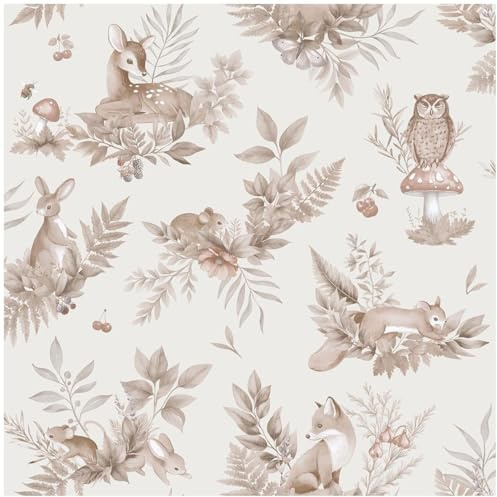 YöL Forest Friends Neutral Wallpaper - 10.05m x 53cm Roll - Kids Bedroom Nursery Feature Wall - Washable Paste The Paper - Soft Blue Whimsical Animal Theme