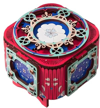 WHNICUST 3D Wooden Puzzle Music Box with Light Up Four-Leaf Clover, DIY Mechanical Model Kit, Desktop Decoration Jewelry Box for Adults, Birthday (Rose Red)
