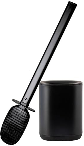 Erreke Escobilla de Baño Acero Inoxidable, Flexible, Pared o Suelo, Negro | Cerdas de Silicona. Con Soporte Antihuellas. Fácil Montaje en la Pared. Higiénica. Flexible y Resistente. Mango Largo (Negra)