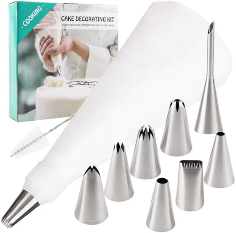Kit Poche à Douille 12 Pièces avec 8 Douilles Patisserie et 1 Blanc Coton Poches à Douille en Silicone, Poche à douille pour la décoration de gâteaux, cupcakes, biscuits