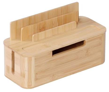 Relaxdays Kabelbox für 2 Steckdosenleisten, Bambus, HBT: 16 x 30 x 13 cm, Tablet- & Handyhalter, Kabel verstecken, Natur