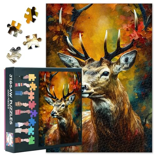 Puzzle für Erwachsene 1000 Teile, 1000 Teile Puzzle - Hirsch im Herbstwald Motiv, 70x50 cm