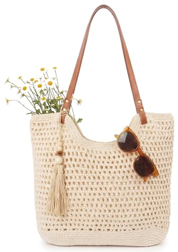 Aulenge Strandtaschen Damen Tote Bag Gehäkelte Tasche Häkeltaschen | Großes Fassungsvermögen, mit Innenfach, Boho-Stil, Mesh-Design, Strandtasche Umhängetasche für Reisen Alltag
