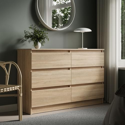 Home Collective Kommode mit 6 Schubladen 120 cm Breite Kommode Sonoma Holz Schrank Kommode mit Schubladen Sideboard Highboard Anrichte Schlafzimmer Wohnzimmer Flur Büro Organizer