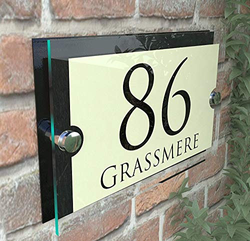 MODERN HOUSE SIGN PLAQUE DOOR NUMBER STREET GLASS EFFECT ACRYLIC ALUMINIUM NAME Paramount Vintage Pearl