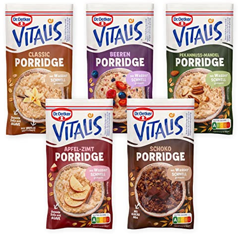 Dr. Oetker Vitalis Porridge im 5er Probier-Set, alle Sorten mit Hafervollkornflocken, Porridge Classic, Schokoladen, Beeren, Pekannuss-Mandel, Apfel-Zimt
