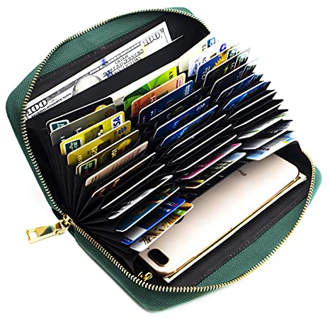 ANDOILT Genuine Leather Purses for Women Wallet Mens RFID Blocking Credit Card Holder Zipper Purse Cell Phone Handbag Green