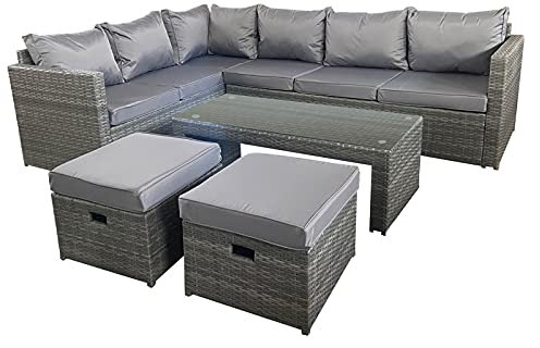 8 Seater Rattan Corner Sofa Set Gunnersbury Weatherproof Garden Furniture L Shaped Sofa Glassed Topped Coffee Table Cushions with Removable Washable Covers Table Grey